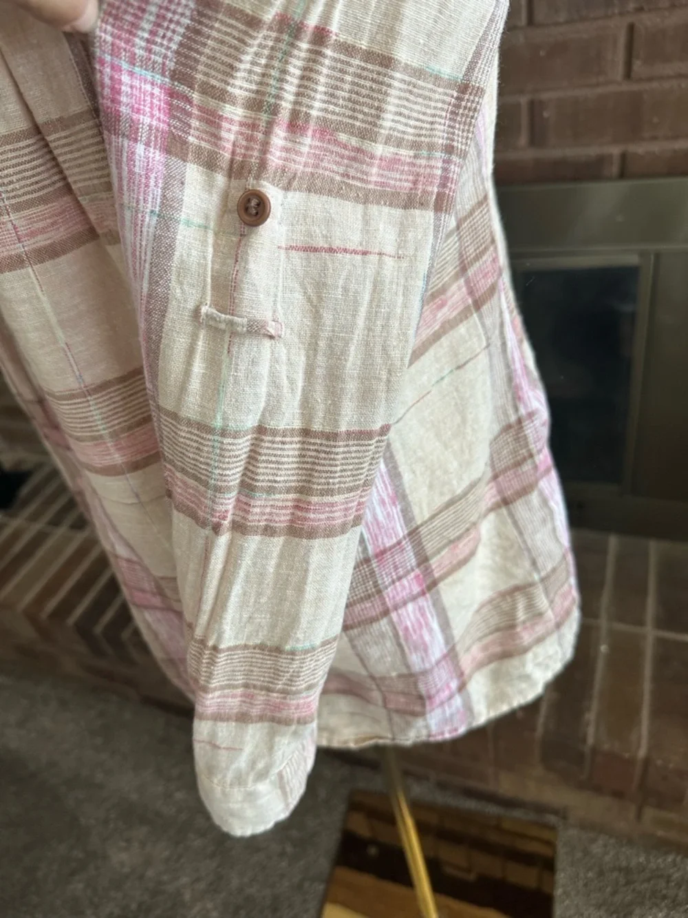 Free People Boho No Limits Plaid Linen Utility Button Up Shirt XS Pink Ivory